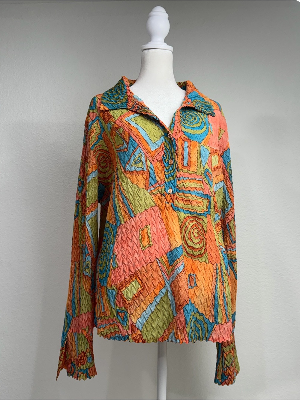Komarov Pleated Crinkle Abstract Print Blouse Jacket Y2K Artsy Vintage Style L